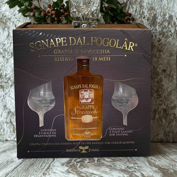 PAQUETE DE GRAPPA SGNAPE DAL FOGOLAR CON 2 VASOS DE CAFÉ
